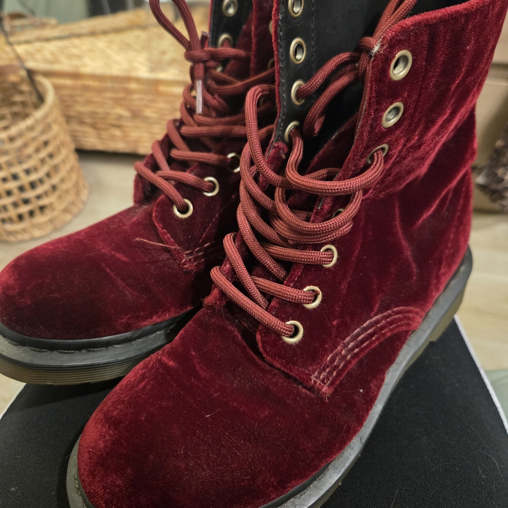 Dr. Martens Velvet Lace-Up Boots in Deep Red